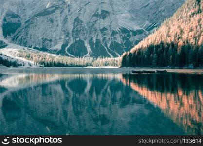 Alpine mountain lake at autumn morning. Lago di Braies, Dolomites Alps, Italy