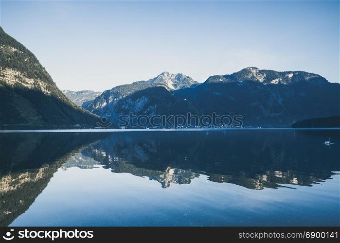Alpine mountain lake reflection. Hallstatt, Austria