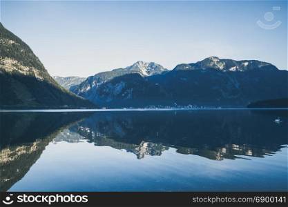Alpine mountain lake reflection. Hallstatt, Austria