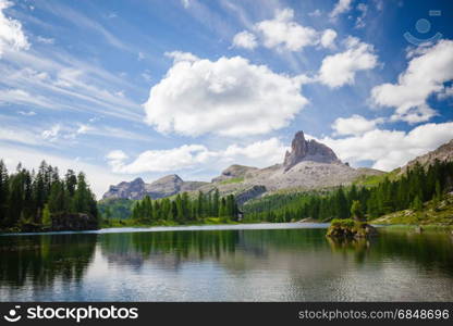 Alpine mountain summer lake. Dolomites Alps, Italy