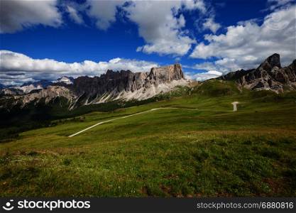Alpine mountain summer landscape. Passo Giau, Dolomites Alps, Italy