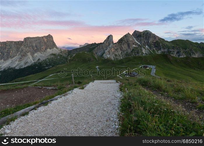 Alpine mountain valley summer landscape. Passo Giau, Dolomites Alps, Italy