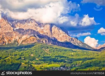 Alpine peaks and landscape of Cortina d&rsquo; Ampezzo in Dolomites Alps view, Veneto region of Italy