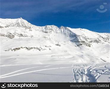 Alps in winter. The Alpe d Huez ski domain in the French Alps