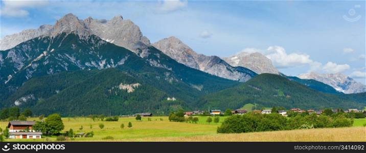 Alps mountain country tranquil summer panorama (Austria, Gosau village outskirts). Two shots composite picture.