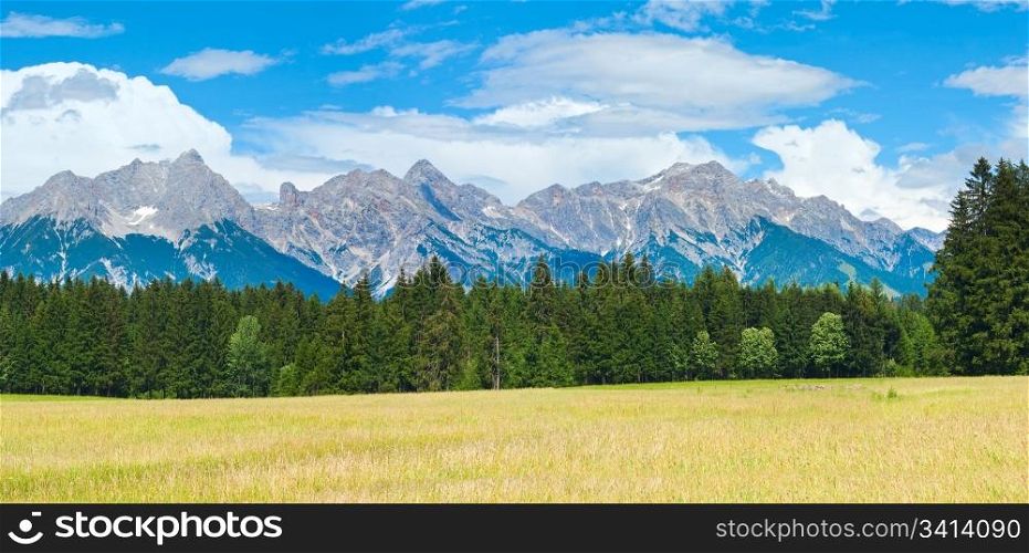 Alps mountain meadow tranquil summer panorama (Austria, Gosau village outskirts). Two shots composite picture.