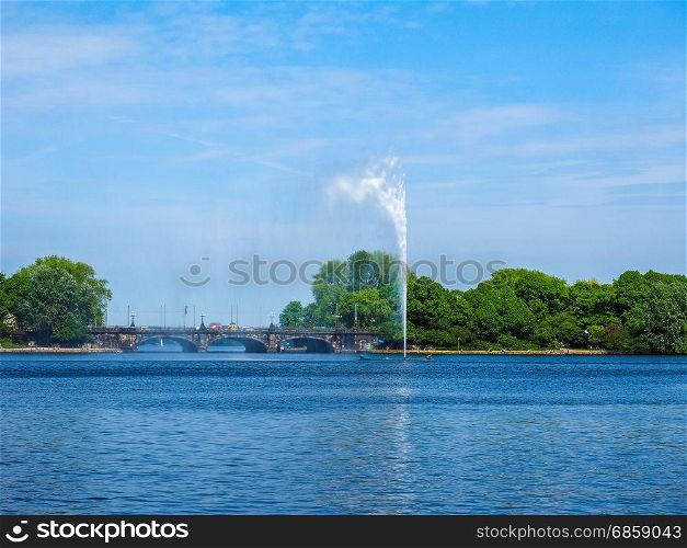 Alsterfontaene (Alster Fountain) at Binnenalster (Inner Alster lake) in Hamburg hdr. Alster Fountain at Binnenalster (meaning Inner Alster lake) in Hamburg, Germany, hdr