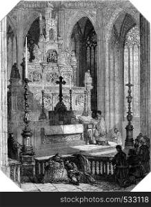 Altar of Our Lady of Halle, vintage engraved illustration. Magasin Pittoresque 1853.