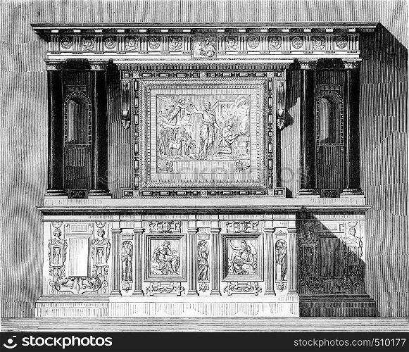 Altar of the chapel Ecouen up today in the Chantilly castle chapel, vintage engraved illustration. Magasin Pittoresque 1843.