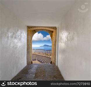Altea photo illustration arch and beach in Alicante at Mediterranean Spain
