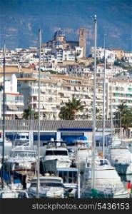 Altea village in alicante with marina boats foreground at Spain Valencian Community