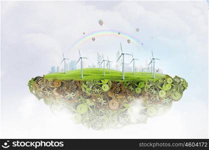 Alternative energy concept. Ecology concept of island with windmills and gears