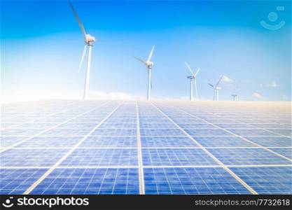 alternative energy concept - solar plant and wind mill farm,,toned. alternative energy concept