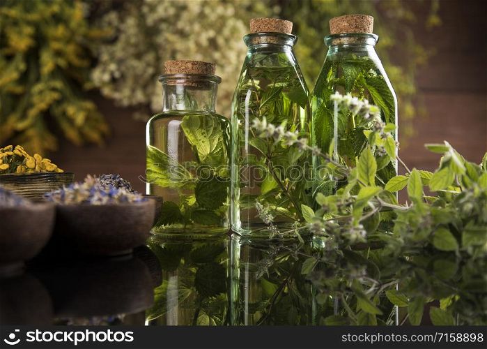 Alternative health, fresh herbal and mortar in black mirror background