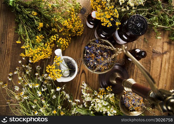 Alternative medicine and Natural remedy. Herbal medicine on wooden desk background