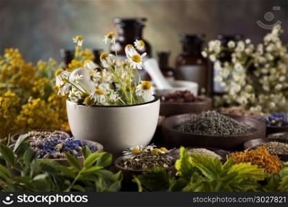 Alternative medicine, dried herbs and mortar on wooden desk back. Natural medicine, herbs, mortar on wooden table background