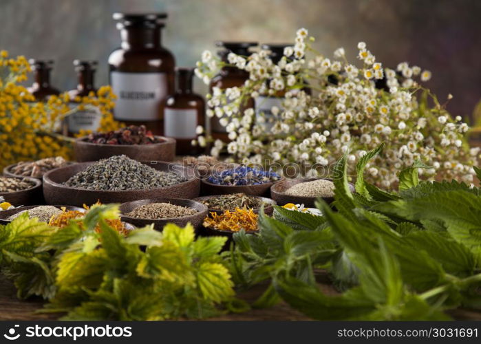 Alternative medicine, dried herbs and mortar on wooden desk back. Natural medicine, herbs, mortar on wooden table background