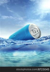 Aluminum can with water droplets floating in the ocean