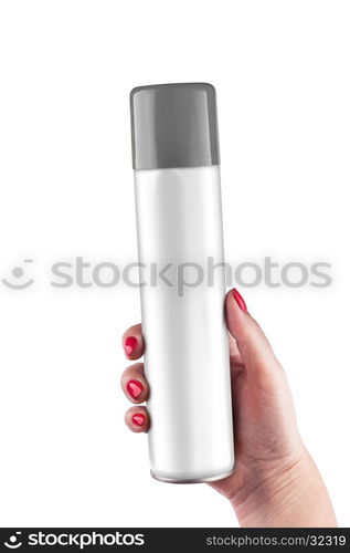 Aluminum spray can with plastic cap on hand with white background, isolated spray can on hand. With clipping path