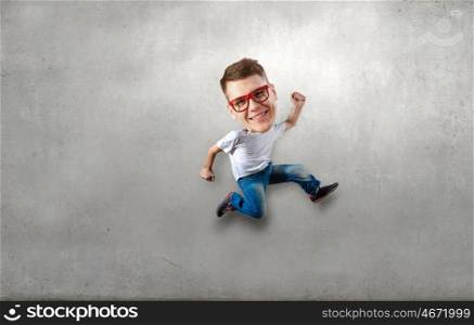 Always in a hurry. Funny picture of running man with big head over cement background