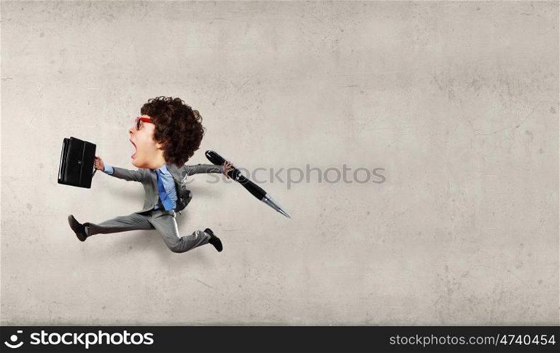 Always in a hurry. Funny picture of running man with big head over cement background