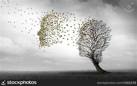 Alzheimers and dementia concept of memory loss disease and losing brain function memories as an alzheimer health symbol of neurology and mental problems with 3D illustration elements.