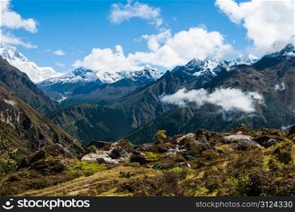 Ama Dablam and Lhotse peaks: Himalaya landscape. Travel to Nepal