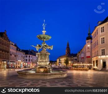 Amagertorv Square and Stork Fountain in the Old Town of Copenhagen, Denmark