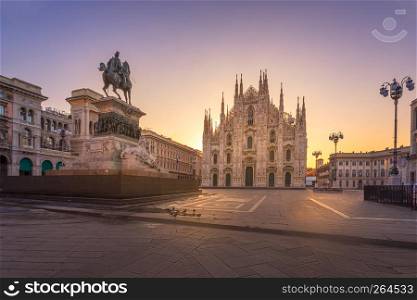 Amaing Duomo , Milan gothic cathedral at sunrise,Europe. Horizontal photo with copy-space.