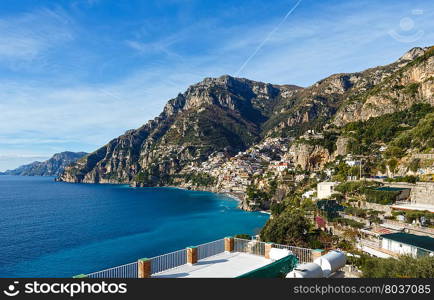 Amalfi town coast view on rocky hill, Italy.