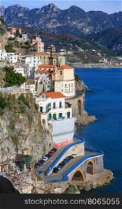 Amalfi town coast view on rocky hill, Italy.