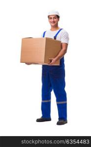 aMan delivering box isolated on white. Man delivering box isolated on white
