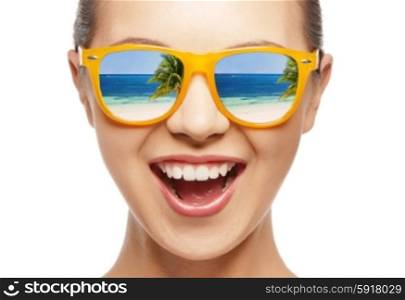 amazed girl in shades with beach reflection. amazed girl in shades