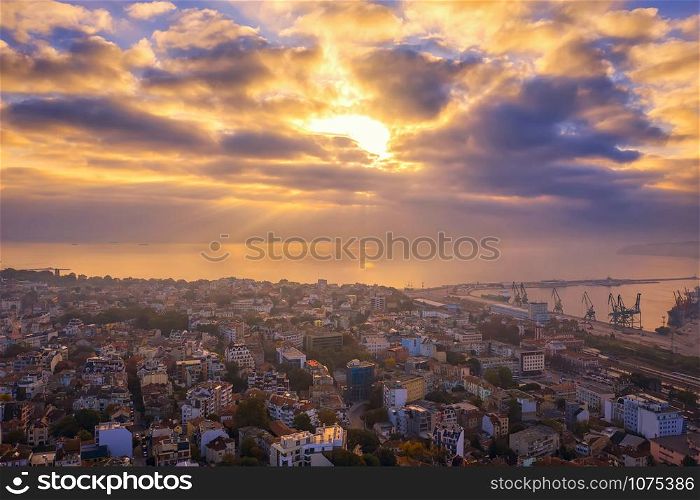 Amazing aerial view from the drone of the city and sea with beautiful clouds. Varna, Bulgaria
