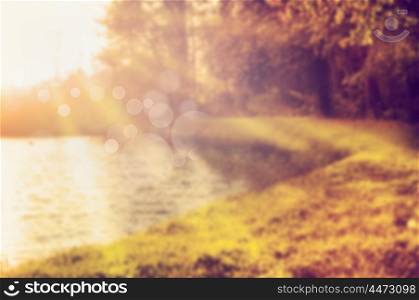 amazing autumn scenery in park or forest with trees and lake, blurred fall nature background