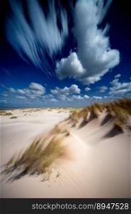 Amazing blue sky with white in motion clouds on the sand dunes. Generative AI