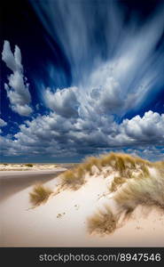 Amazing blue sky with white in motion clouds on the sand dunes. Generative AI