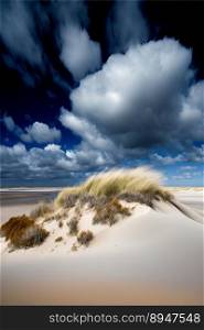Amazing blue sky with white in motion clouds on the sand dunes. Generative AI
