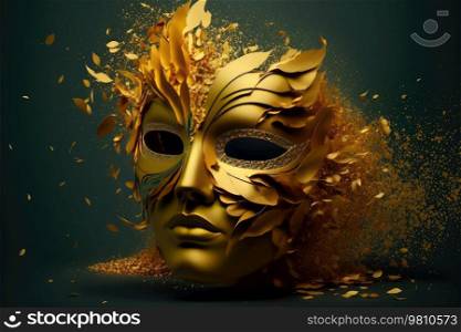 Amazing carnival golden and shiny mask on dark background. Fun time. Generative AI