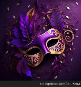 Amazing carnival mask with golden and purple tones. Fun time. Generative AI