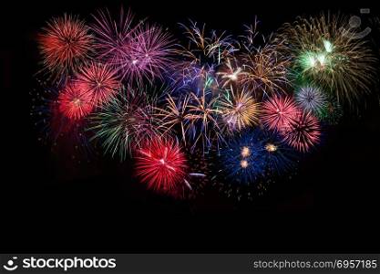 Amazing celebration multicolored sparkling fireworks. 4th of July beautiful fireworks. Independence Day, New Year holidays salute.. Amazing celebration multicolored sparkling fireworks
