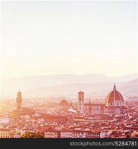 Amazing cityscape, Cathedral Saint Mary of the Flower on sunset, Basilica di Santa Maria del Fiore in Tuscany Florence, Italy, Europe