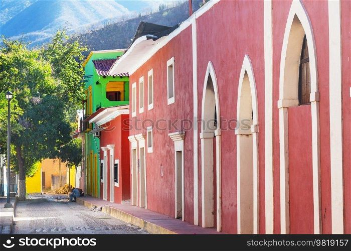 Amazing colorful buildings in pueblo magico Batopilas in Barrancas del Cobre mountains, Mexico