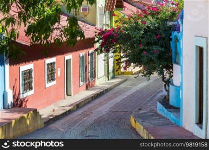 Amazing colorful buildings in pueblo magico Batopilas in Barrancas del Cobre mountains, Mexico