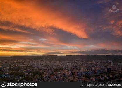 Amazing colorful clouds over the city. Varna, Bulgaria