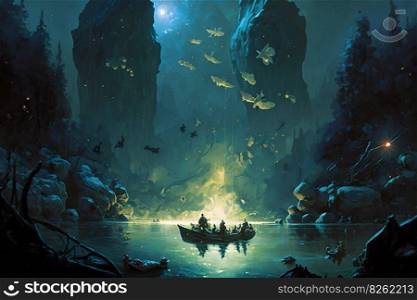 Amazing fantasy landscape of a lake with a sailing boat. Neural network AI generated art. Amazing fantasy landscape of a lake with a sailing boat. Neural network AI generated