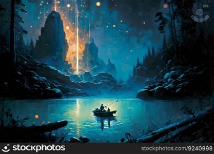 Amazing fantasy landscape of a lake with a sailing boat. Neural network AI generated art. Amazing fantasy landscape of a lake with a sailing boat. Neural network AI generated