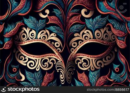 Amazing golden carnival masks on black background. Fun time. Generative AI