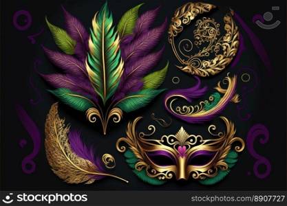 Amazing golden carnival masks on black background. Fun time. Generative AI