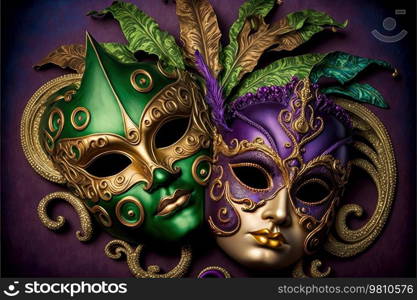 Amazing golden carnival masks on black background. Fun time. Generative AI